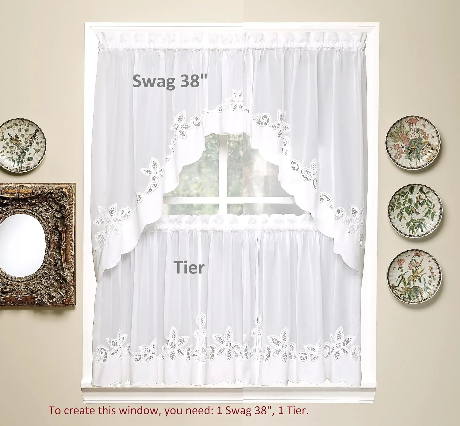 Today's Curtain Plymouth Classic Battenburg Applique Sheer Window Swag, 38-Inch, White