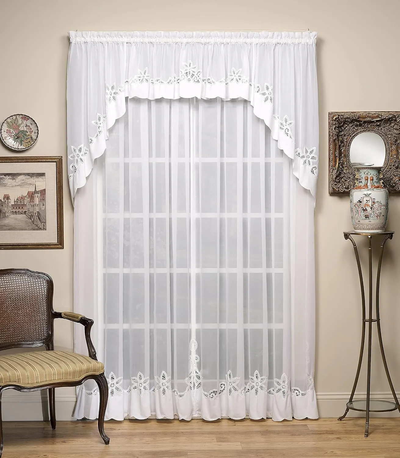 Today's Curtain Plymouth Classic Battenburg Applique Sheer Window Swag, 38-Inch, White