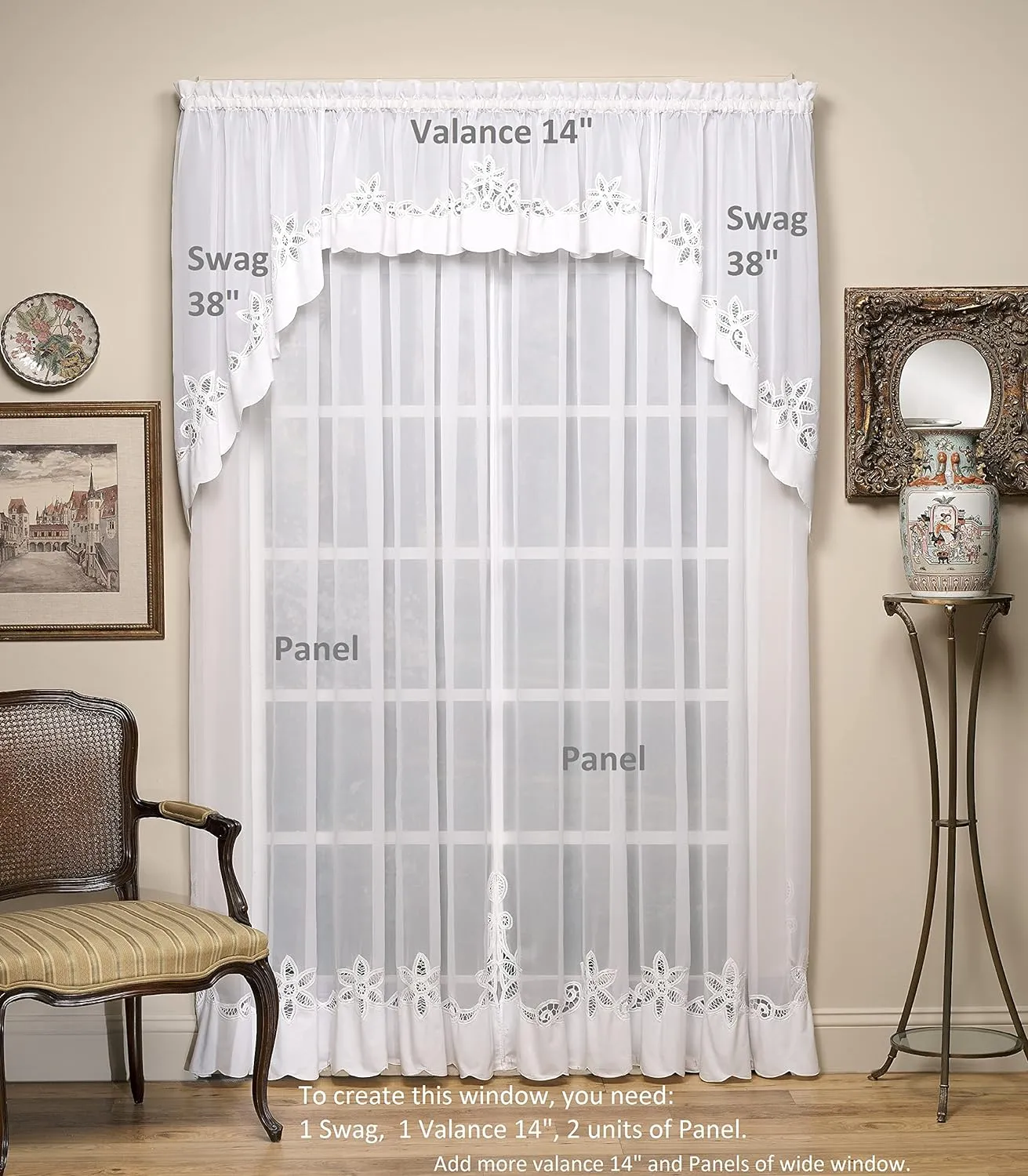 Today's Curtain Plymouth Classic Battenburg Applique Sheer Window Swag, 38-Inch, White