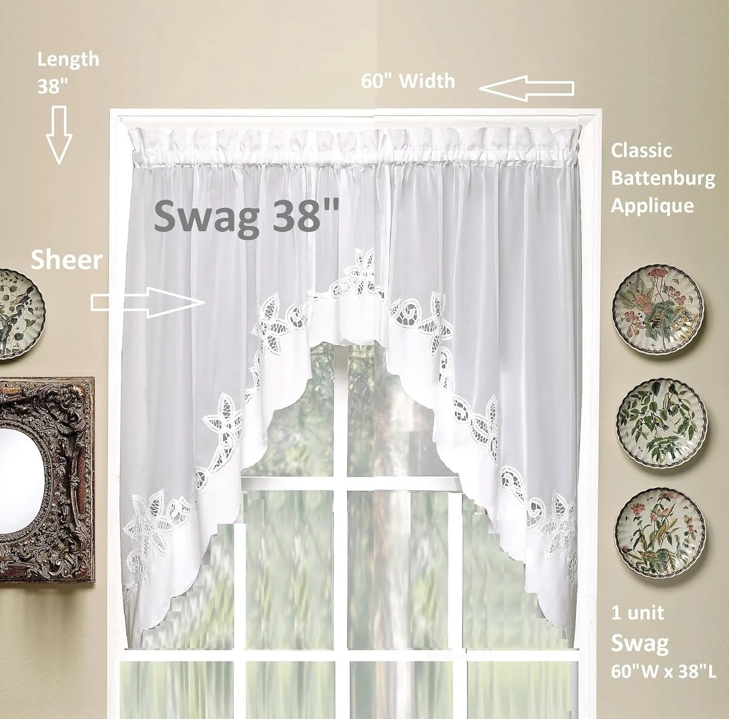 Today's Curtain Plymouth Classic Battenburg Applique Sheer Window Swag, 38-Inch, White