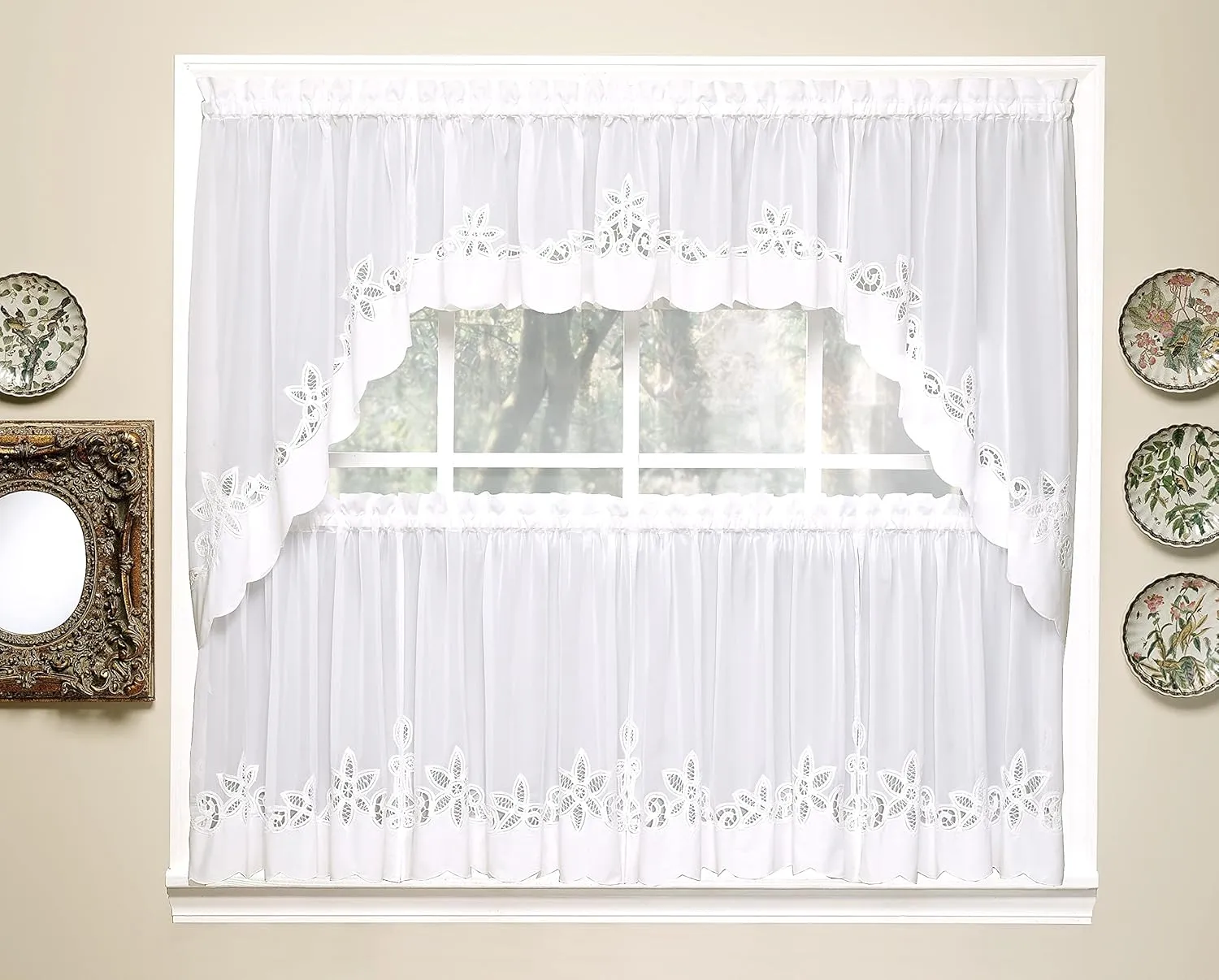 Today's Curtain Plymouth Classic Battenburg Applique Sheer Window Swag, 38-Inch, White