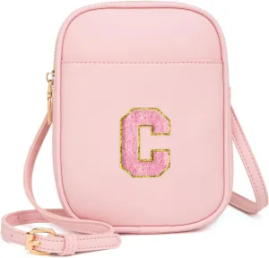 Toddler Purse Initial Crossbody Bags for Girls 3 Pockets PU Leather Cross Body Bag Crossbody Purse Handbag Personalized Preppy Teen Girl Gifts Trendy Stuff (Light Pink C)