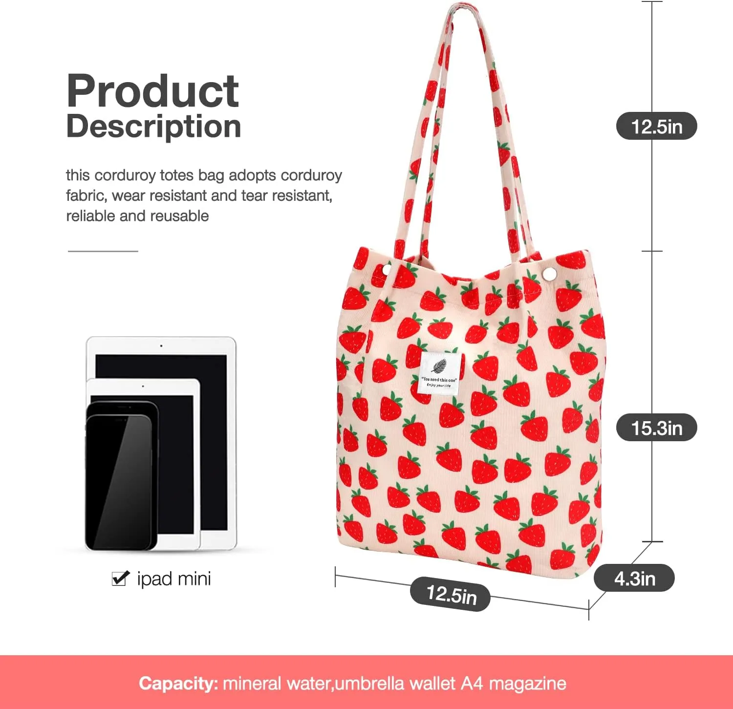 Tote Women Girls, Large Capacity Corduroy Reusable Grocery Shoulder Bag with Inner Pockets