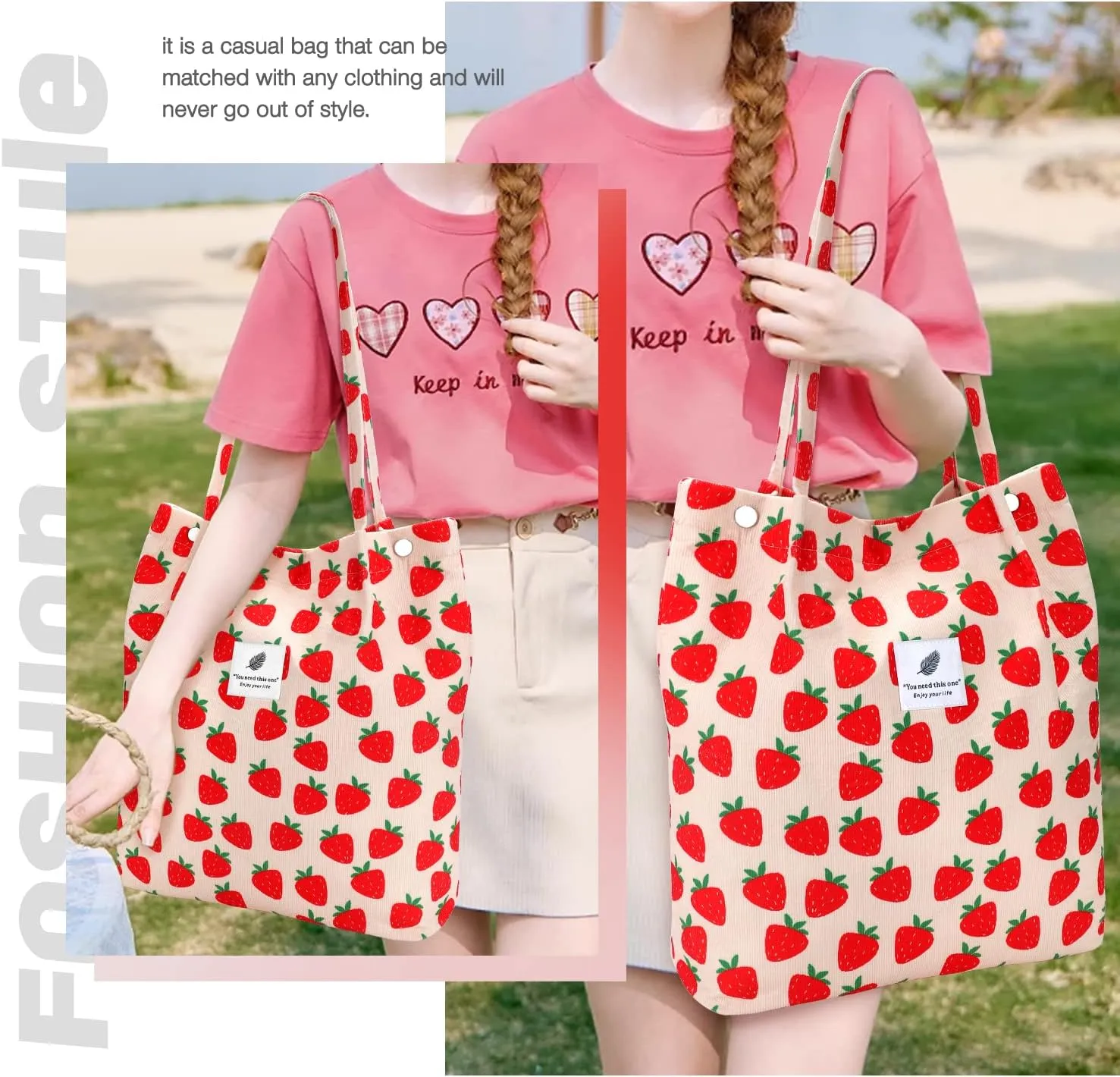 Tote Women Girls, Large Capacity Corduroy Reusable Grocery Shoulder Bag with Inner Pockets