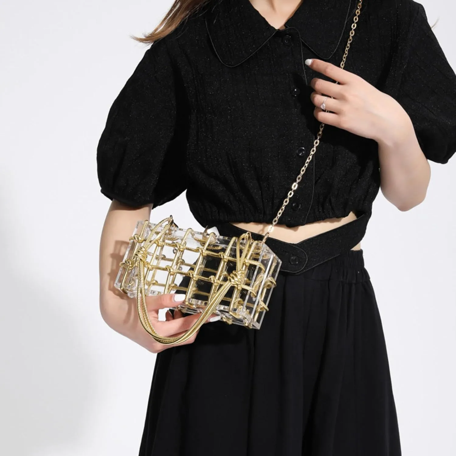 Transparent Knotted Handle Rhinestone Evening Acrylic Clutch Designer Shoulder Bag Luxury Wedding Party Bridal Purse