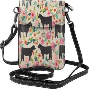Trendy mini Pink Flower Show Steer Cows Cattle print crossbody cell phone bag for women,everyday use and travel handbag