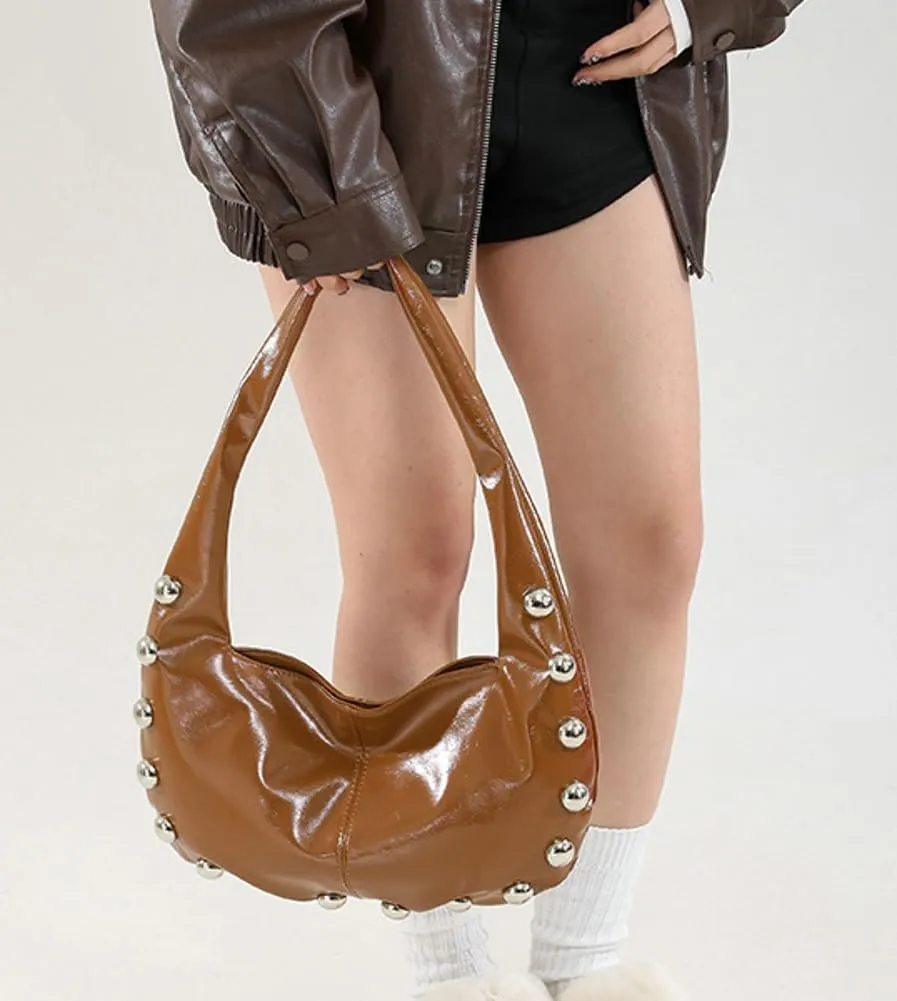 Trendy Studded Shoulder Bag For Women Vegan Leather Underarm Purse Y2K Womens Crescent Handbag Designer Punk Purse 2025