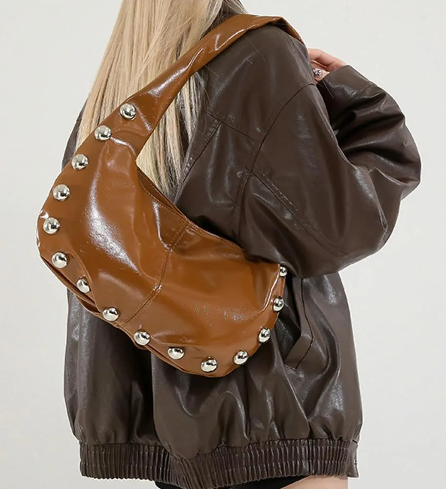 Trendy Studded Shoulder Bag For Women Vegan Leather Underarm Purse Y2K Womens Crescent Handbag Designer Punk Purse 2025