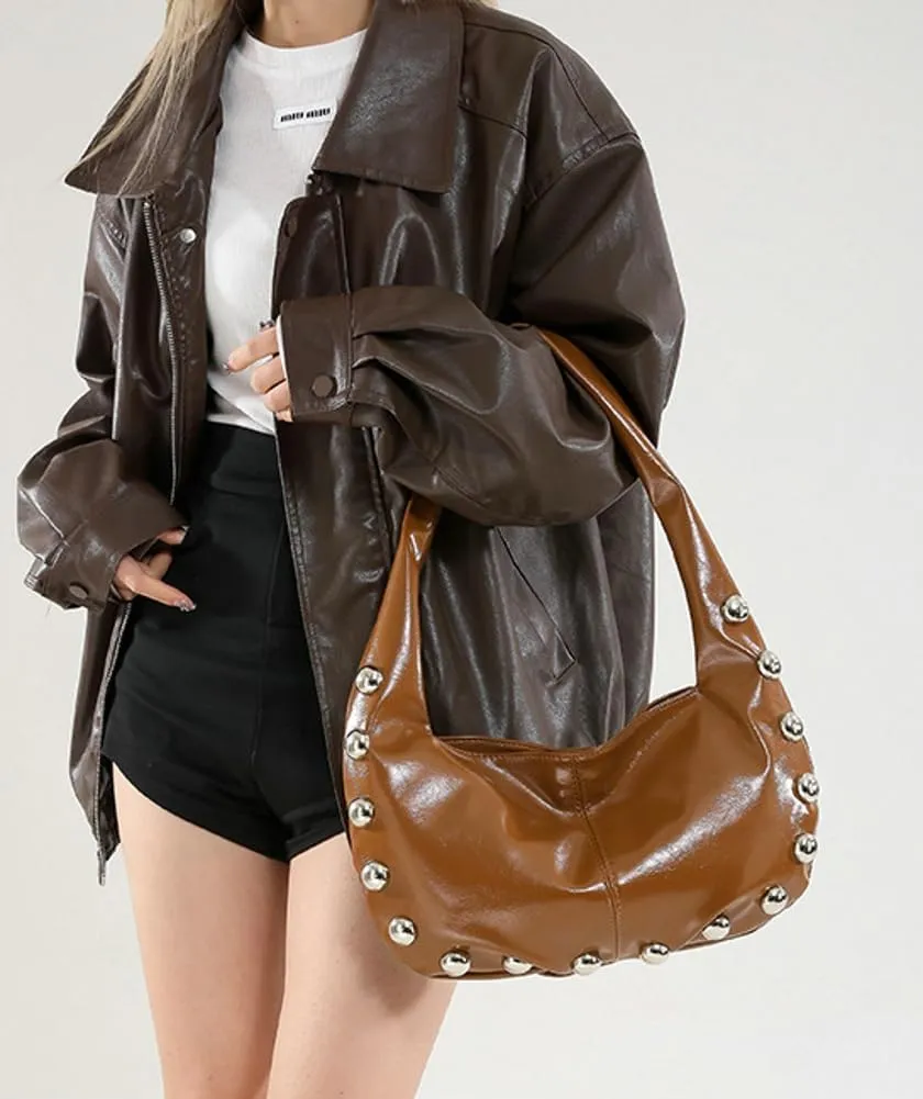Trendy Studded Shoulder Bag For Women Vegan Leather Underarm Purse Y2K Womens Crescent Handbag Designer Punk Purse 2025