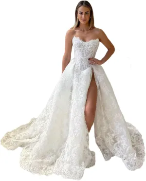 Tsbridal Lace Appliques Wedding Dresses for Bride Strapless Bridal Dress A Line Wedding Gowns with Slit