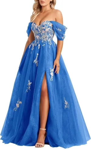 Tulle Embroidery Prom Dresses for Women 2025 Sparkly Off The Shoulder Corset A-Line Formal Ball Gown with Slit