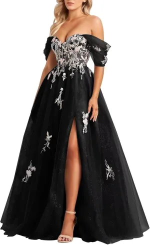 Tulle Embroidery Prom Dresses for Women 2025 Sparkly Off The Shoulder Corset A-Line Formal Ball Gown with Slit