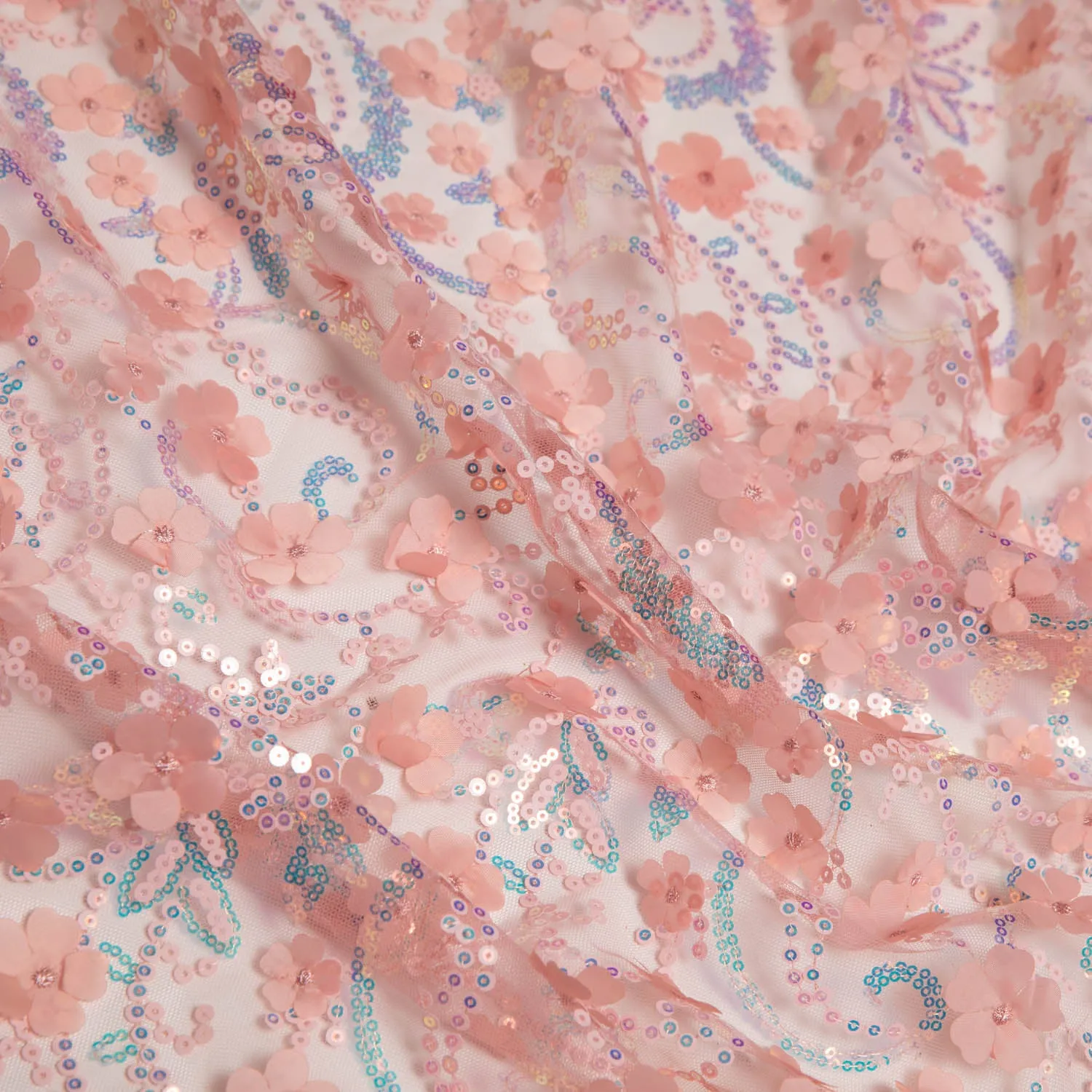 Tulle Lace Fabric Embroidered with Applique and Incredible 3D Floral Pattern 52" Wide | Exquisite Fabric