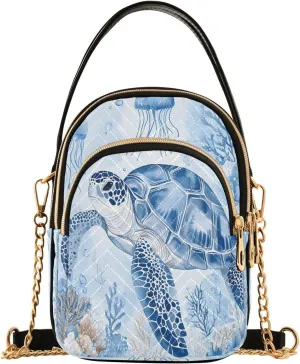Turtle Jellyfish Coral Reef Watercolor Crossbody Bag for Women Mini Cell Phone Purse Women's Shoulder Handbag