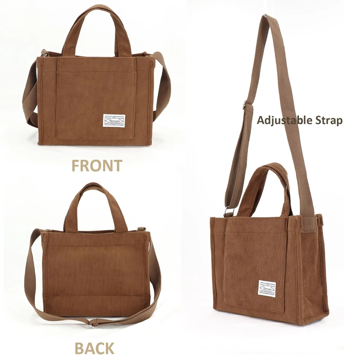 UERRUAM Corduroy Tote Bag for Women Work Crossbody Purse for Everyday,College,Travel,Lightweight Handbag Adjustable Strap