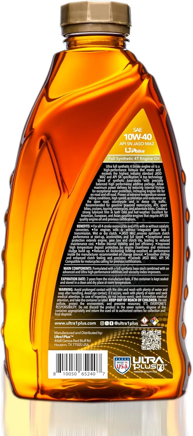 ULTRA 1PLUS 4T 10W-40 Full Synthetic Motorcycle Oil API SN JASO MA2-10W40 Motor Oil, 6 QTS