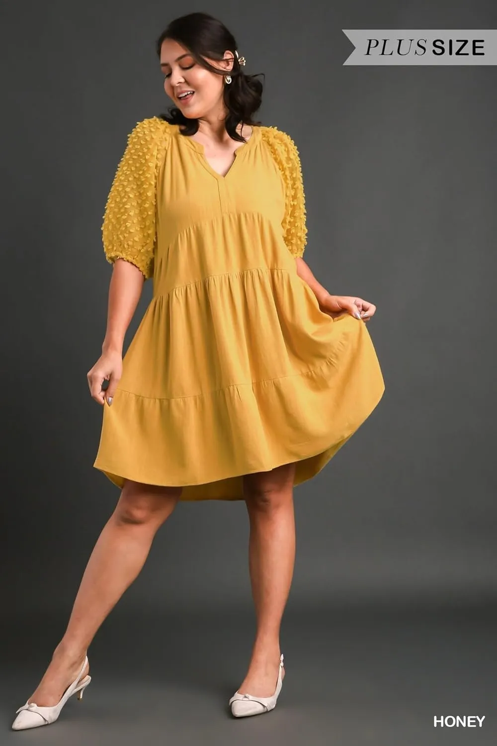 Umgee Floral Applique Detail Cuffed Puffed Sleeve Tiered Dress
