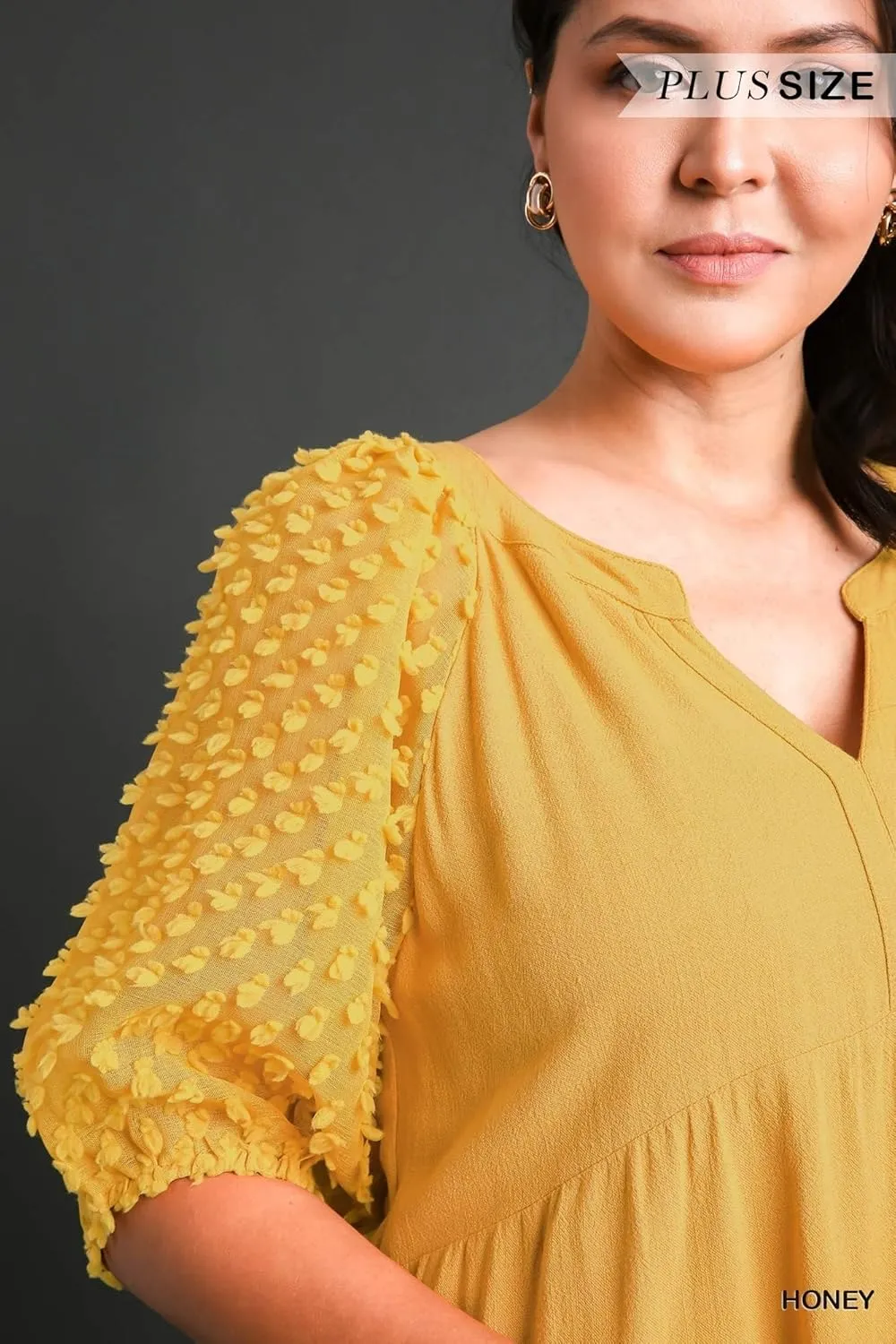 Umgee Floral Applique Detail Cuffed Puffed Sleeve Tiered Dress