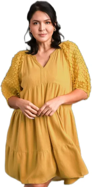 Umgee Floral Applique Detail Cuffed Puffed Sleeve Tiered Dress