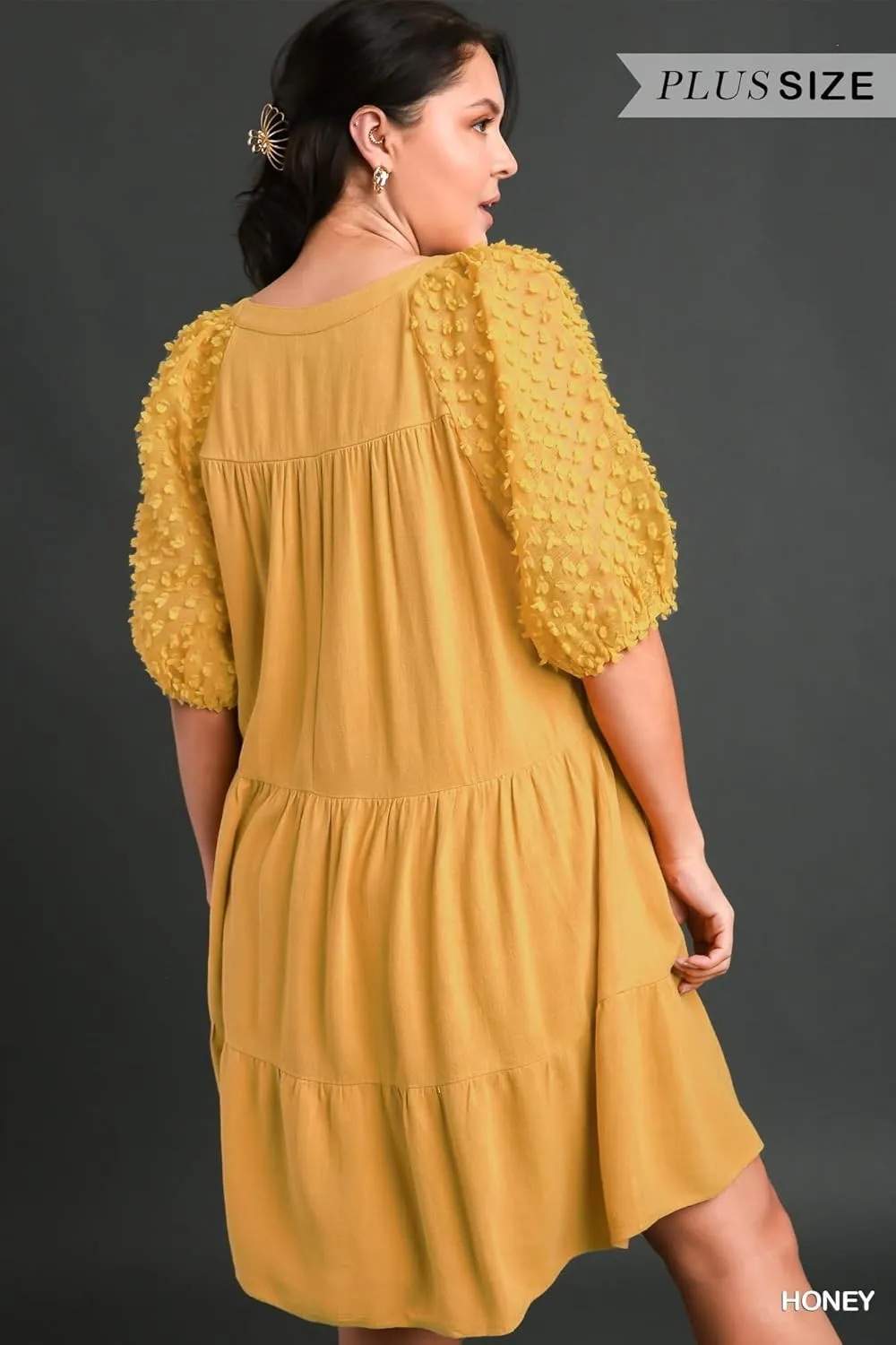 Umgee Floral Applique Detail Cuffed Puffed Sleeve Tiered Dress