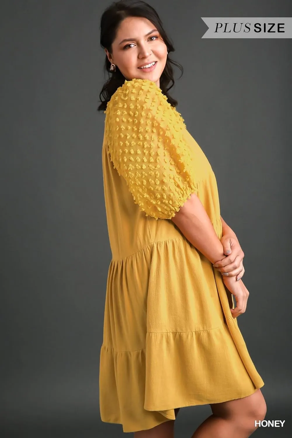 Umgee Floral Applique Detail Cuffed Puffed Sleeve Tiered Dress