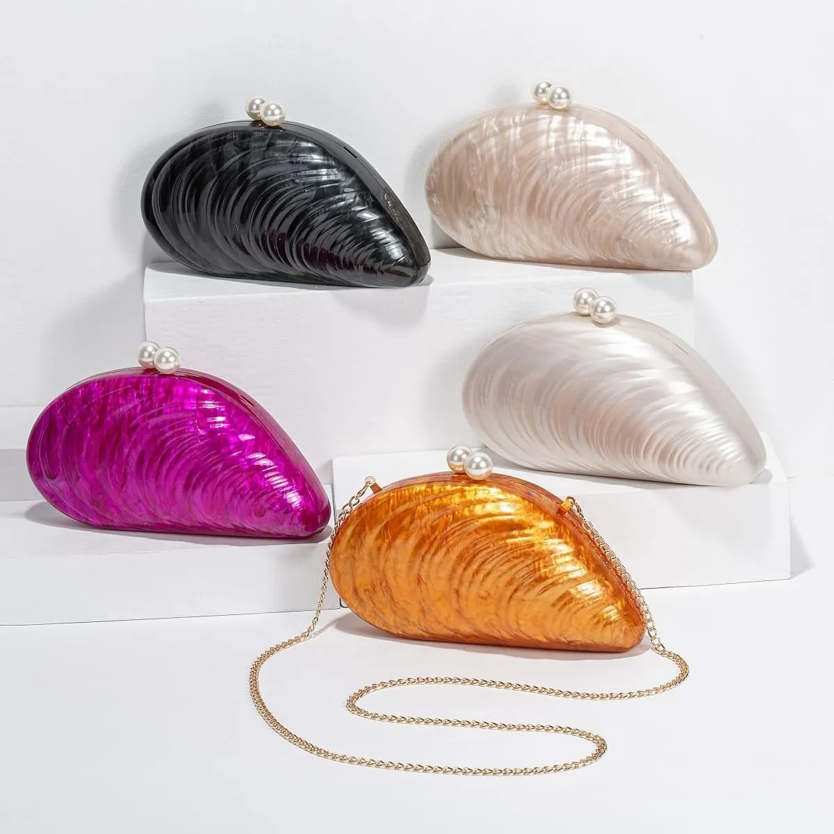 UMREN Seashell Chain Shoulder Bag for Women Acrylic Evening Clutch Bag Glitter Marble Purse Handbag for Wedding Party Prom