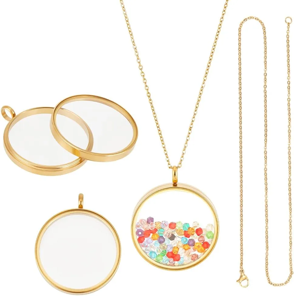 UNICRAFTALE 2 Sets 18K Gold Plated Memory Locket Pendants 30mm Stainless Steel Floating Locket Pendants with 17.7 inch/45cm Necklace Glass Photo Frame Locket Pendants for Christmas Jewelry Making