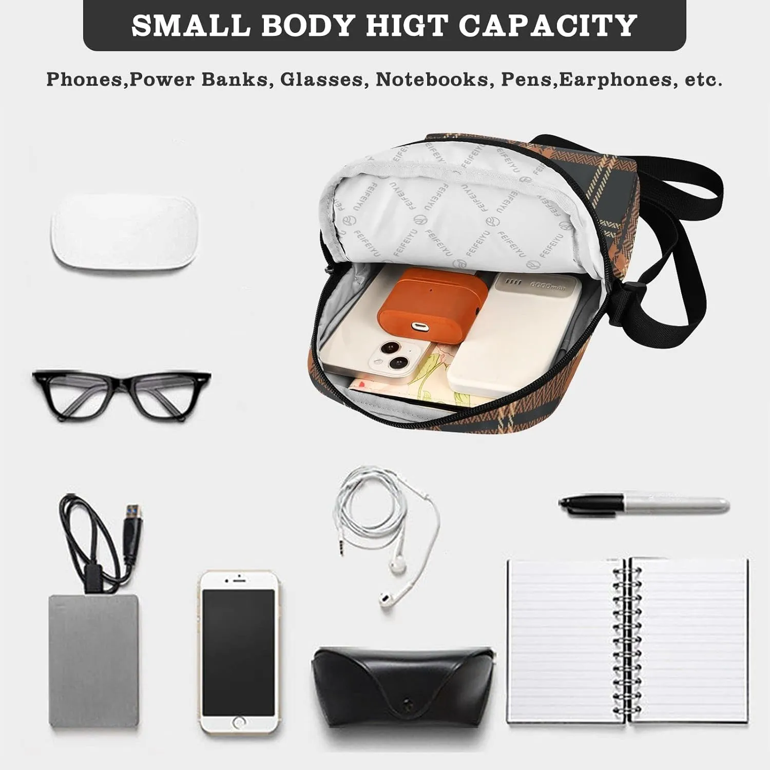 Unisex Crossbody Bag, Check Plaid Pattern Brown Orange Durable Sling Side Shoulder bags for men women, One Size