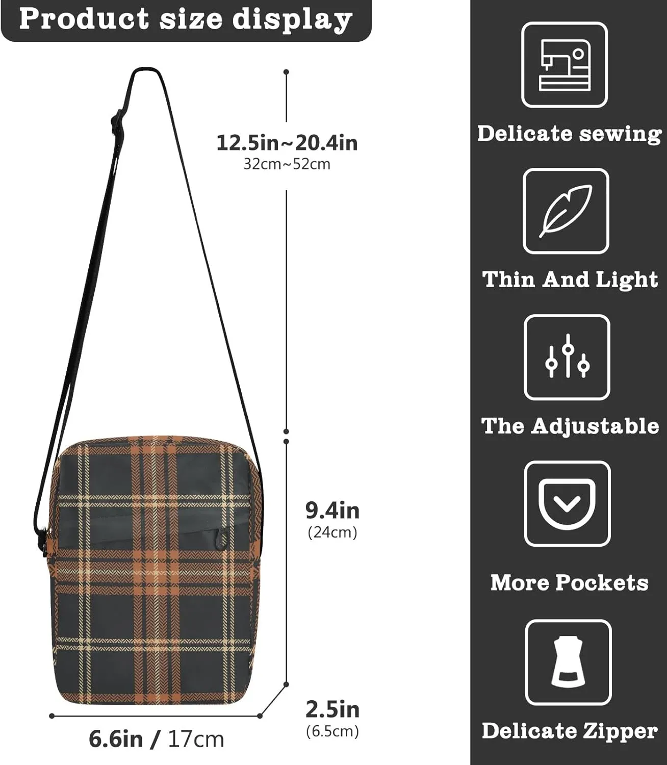 Unisex Crossbody Bag, Check Plaid Pattern Brown Orange Durable Sling Side Shoulder bags for men women, One Size