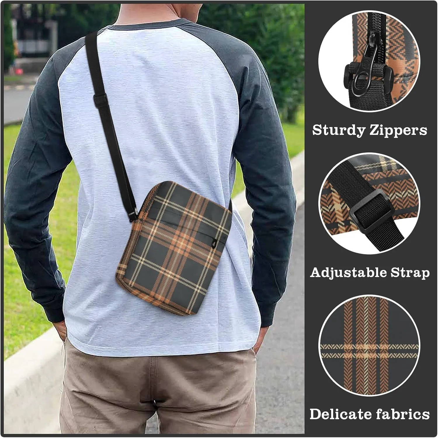 Unisex Crossbody Bag, Check Plaid Pattern Brown Orange Durable Sling Side Shoulder bags for men women, One Size