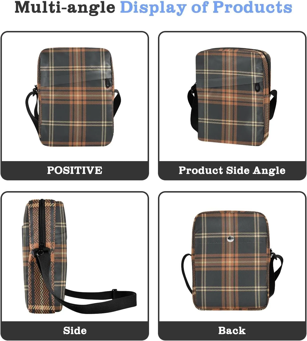 Unisex Crossbody Bag, Check Plaid Pattern Brown Orange Durable Sling Side Shoulder bags for men women, One Size