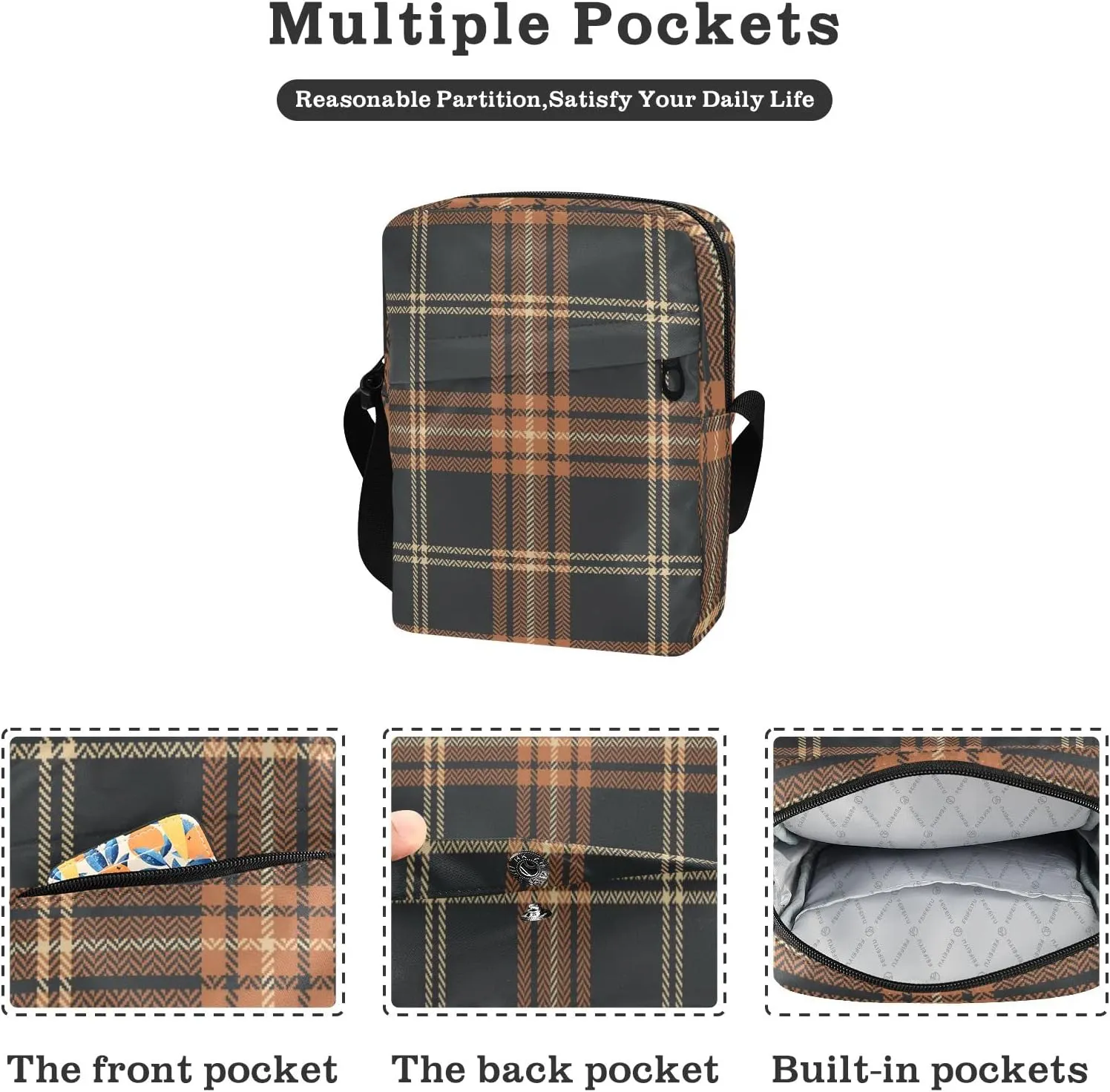 Unisex Crossbody Bag, Check Plaid Pattern Brown Orange Durable Sling Side Shoulder bags for men women, One Size