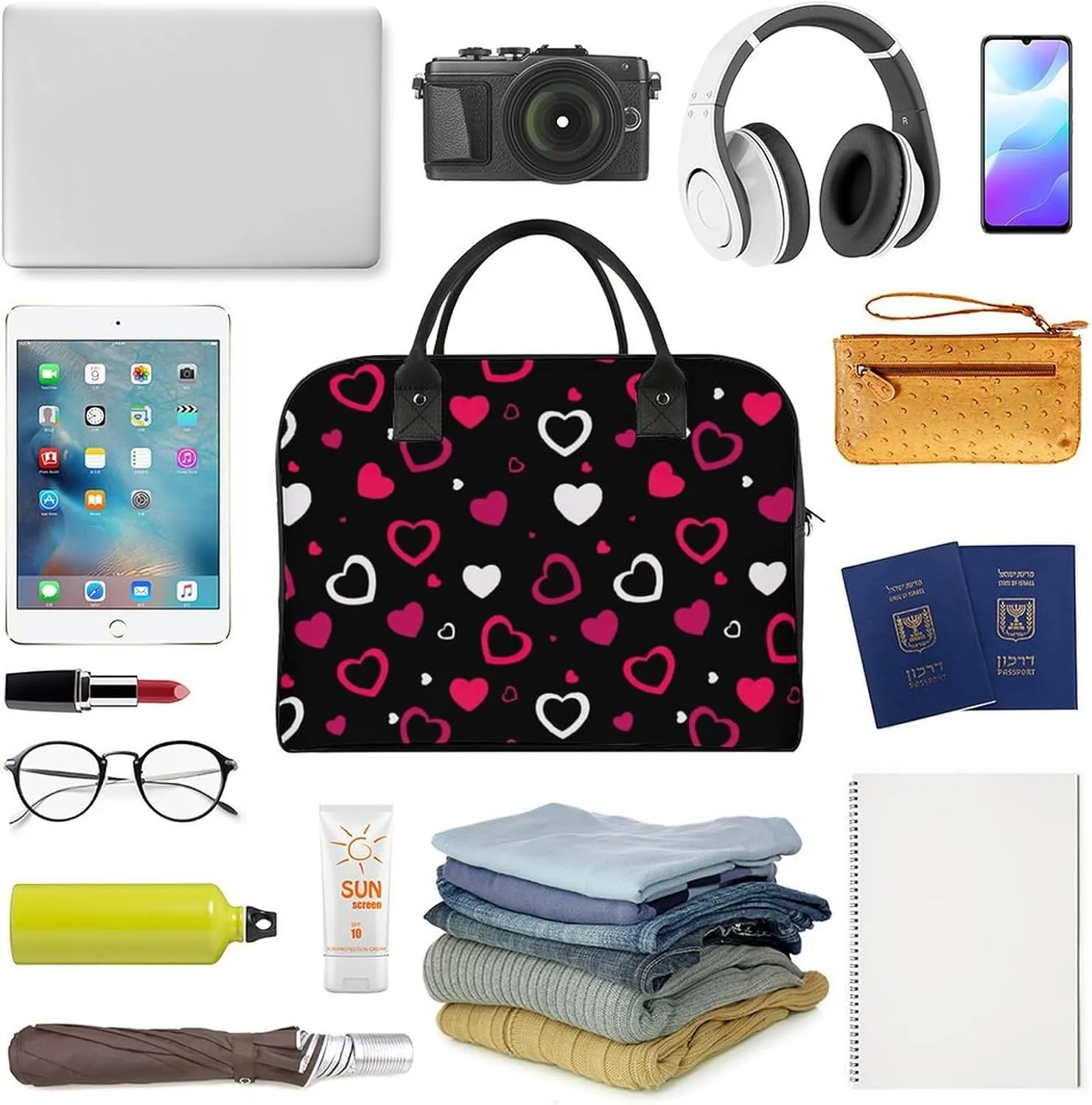 Unisex Crossbody Nylon Heart Shapes Vintage Handbag for Travel 13" X 19" X 8"