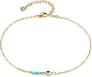 VACRONA Gold Anklets for Women 14K Gold Plated Boho Beach Beaded Chain Anklet Dainty Turquoises Evil Eye Ankle Bracelet Adjustable Chain Anklet Foot Jewelry