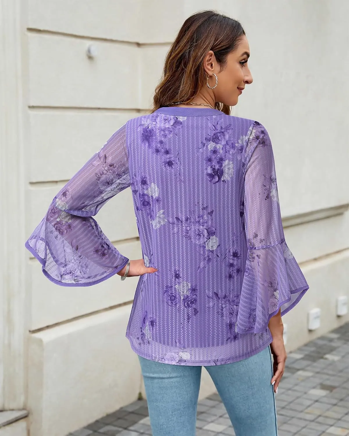 VALOLIA Women's 3/4 Sleeve Dressy Blouses Shirts Casual Loose Fit Mesh Layered Flowy Tunic Tops