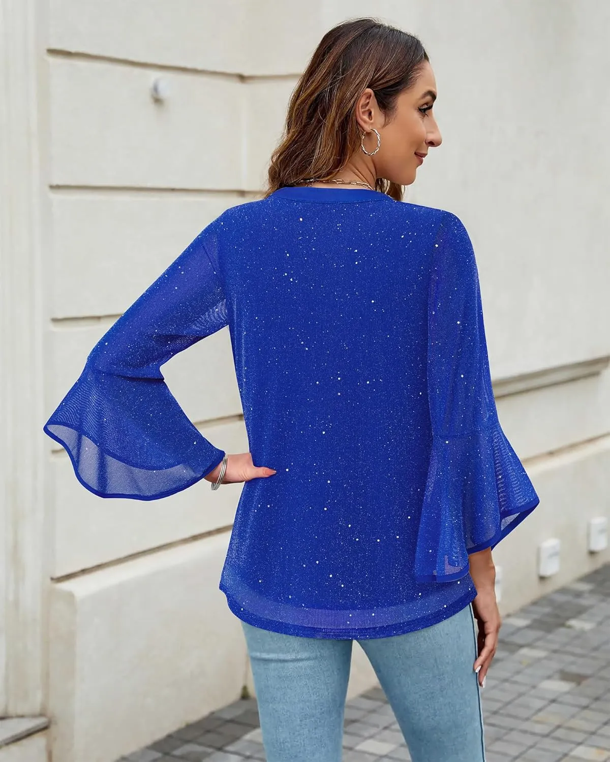 VALOLIA Women's 3/4 Sleeve Dressy Blouses Shirts Casual Loose Fit Mesh Layered Flowy Tunic Tops