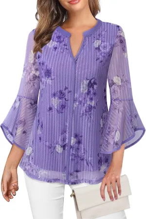 VALOLIA Women's 3/4 Sleeve Dressy Blouses Shirts Casual Loose Fit Mesh Layered Flowy Tunic Tops