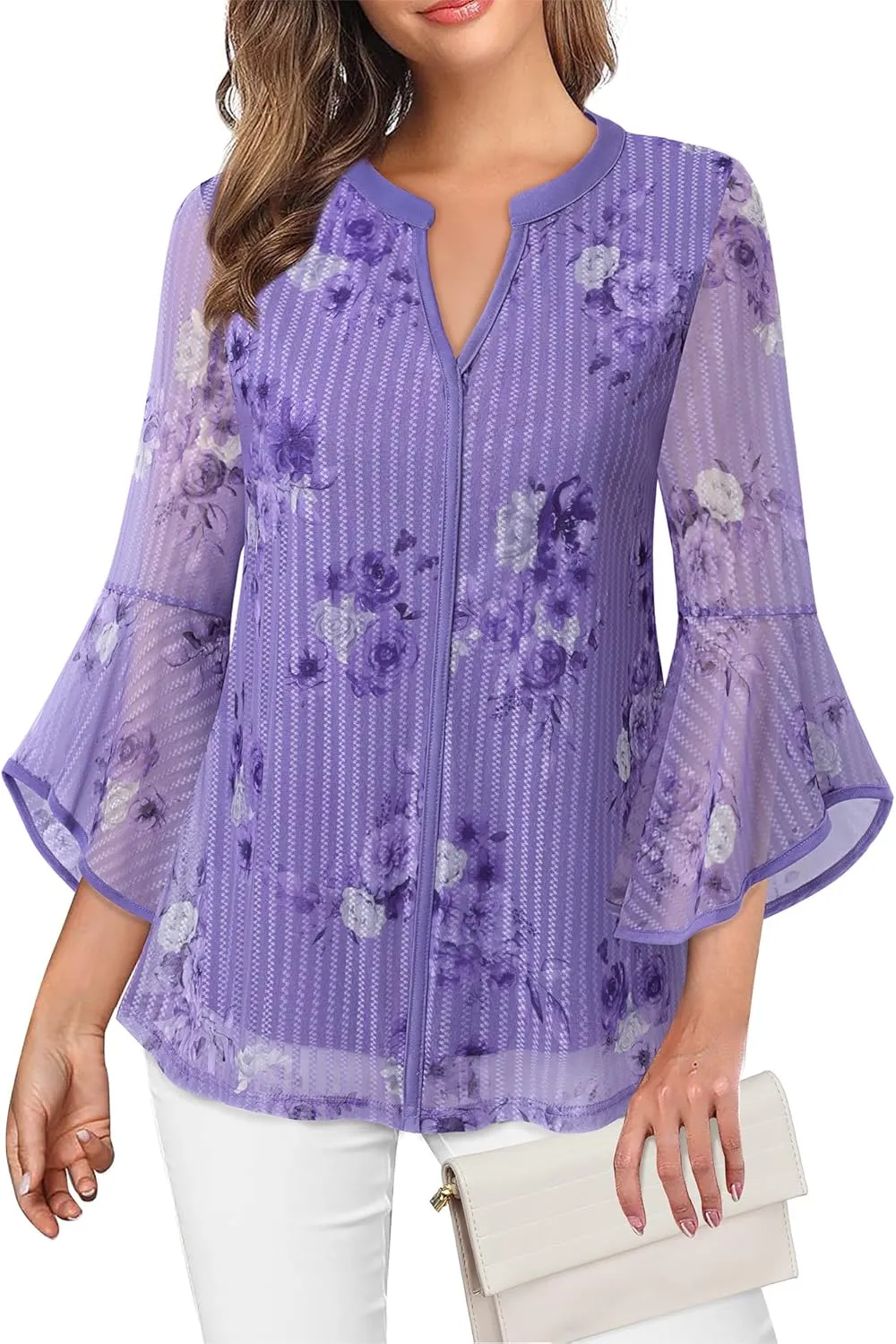 VALOLIA Women's 3/4 Sleeve Dressy Blouses Shirts Casual Loose Fit Mesh Layered Flowy Tunic Tops