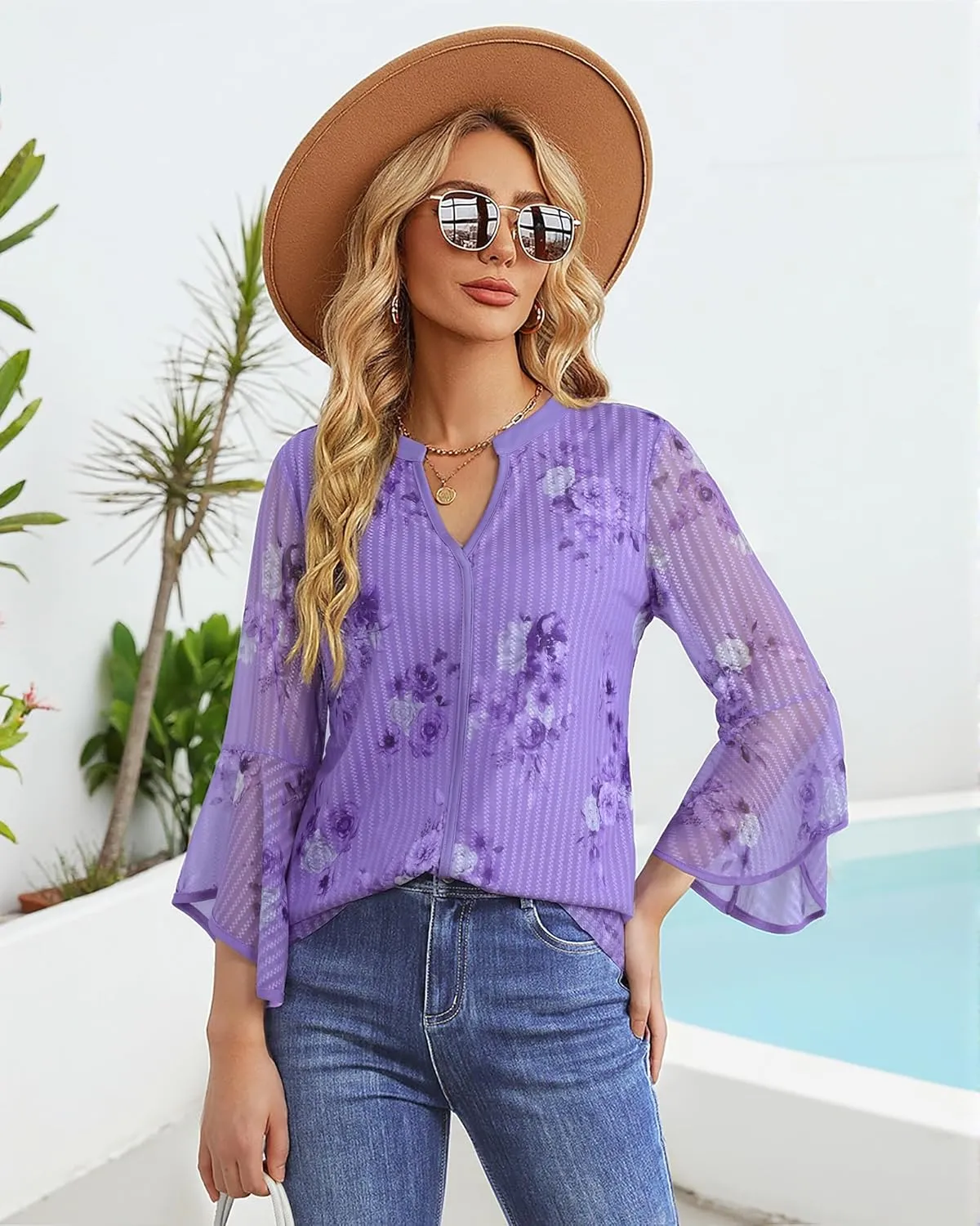 VALOLIA Women's 3/4 Sleeve Dressy Blouses Shirts Casual Loose Fit Mesh Layered Flowy Tunic Tops