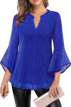 VALOLIA Women's 3/4 Sleeve Dressy Blouses Shirts Casual Loose Fit Mesh Layered Flowy Tunic Tops