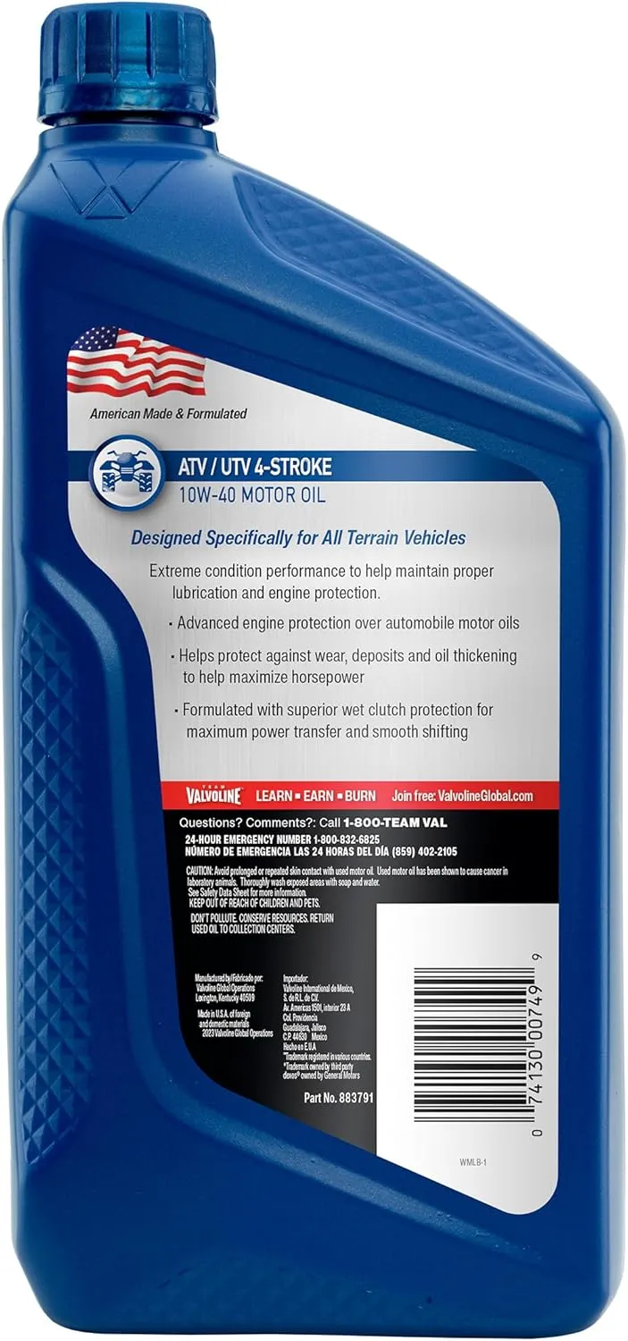 Valvoline 4-Stroke ATV/UTV SAE 10W-40 Motor Oil 1 QT, Case of 6
