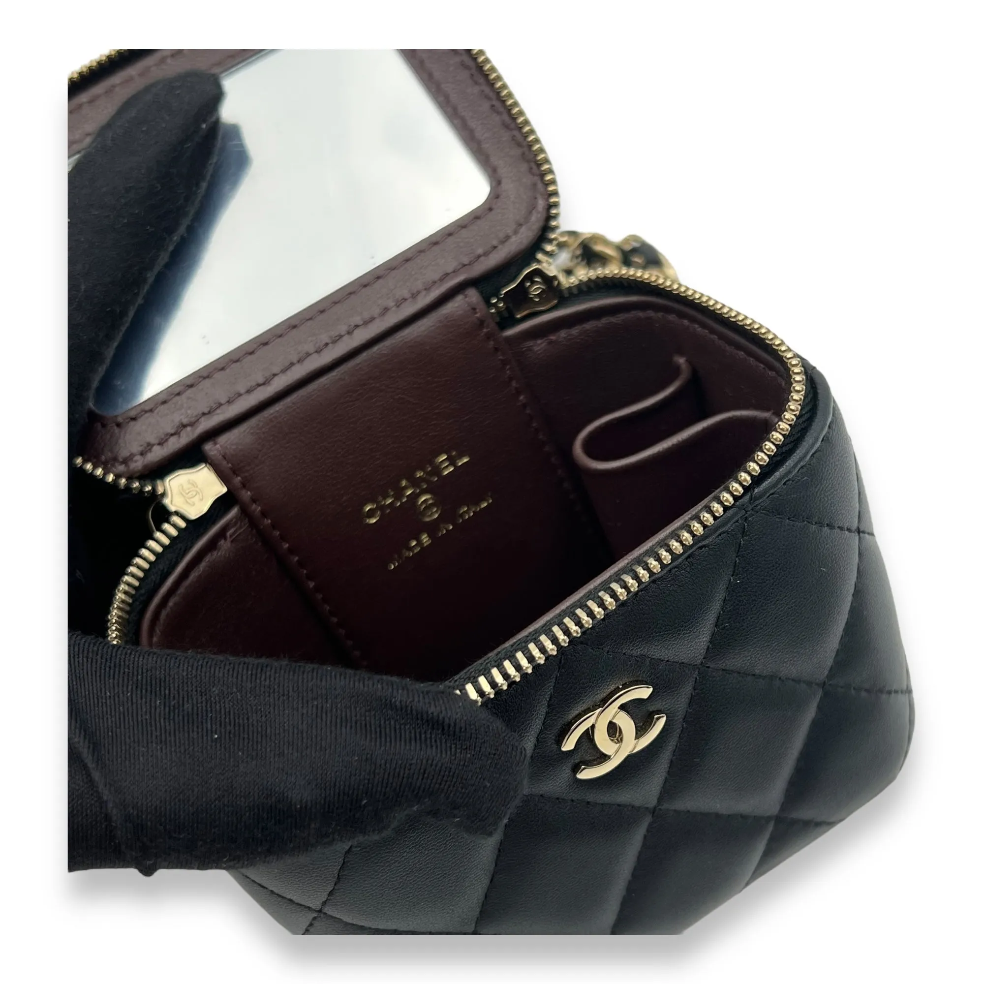 Vanity Mini Black Crossbody Bag in Lambskin, Gold hardware