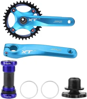 VGEBY Mountian Crankset, Aluminum Alloy Crankset Integral Single Speed Crank Set with Bottom Bracket(Blue) and Spare Supplies