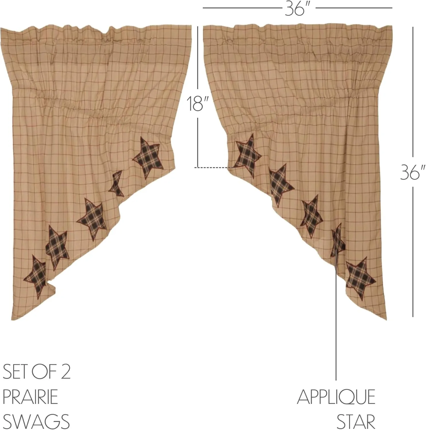 VHC Brands Bingham Star Applique Star Lined 5930 Prairie Swag Set