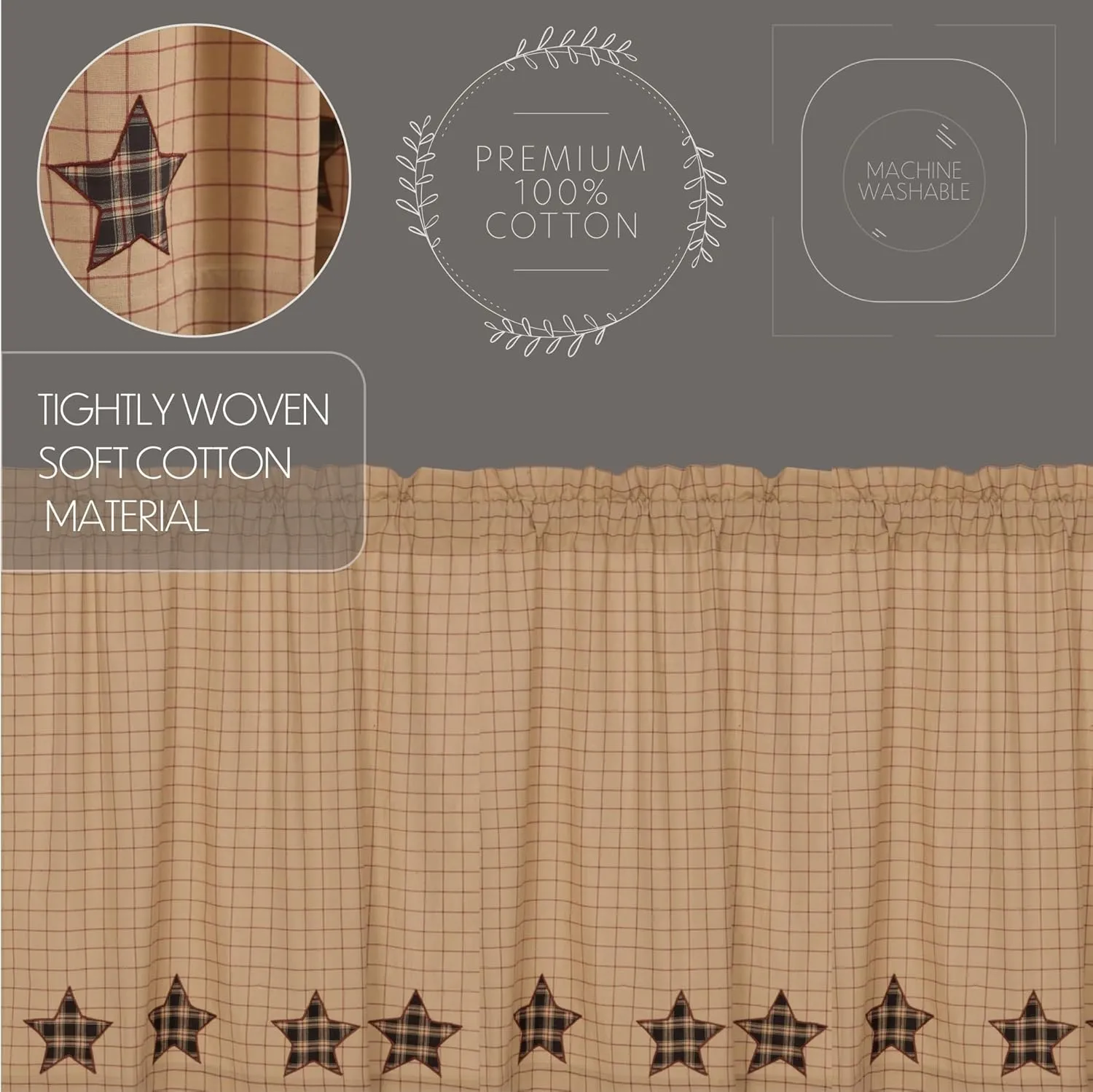 VHC Brands, Bingham Star, Cotton, 36x36x16, Applique Swag, Set of 2, Black