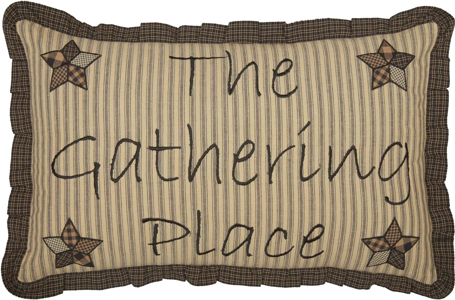VHC Brands Farmhouse Star The Gathering Place Text Cotton Primitive Bedding Appliqued 22x14 Filled Pillow, Raven Black