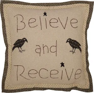 VHC Brands Kettle Grove Believe and Receive Pillow 12x12 Country Primitive Bedding Accessory, Tan