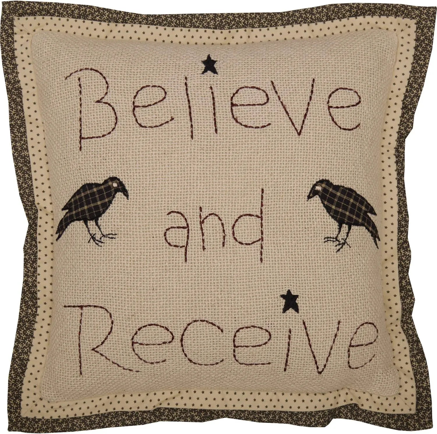 VHC Brands Kettle Grove Believe and Receive Pillow 12x12 Country Primitive Bedding Accessory, Tan