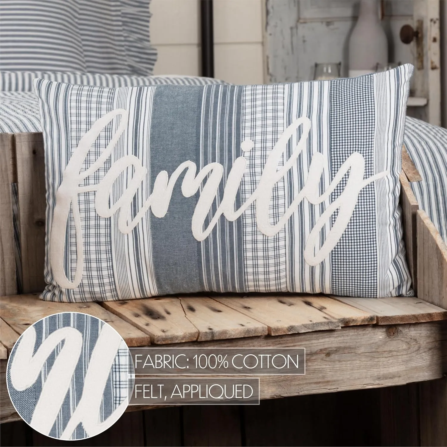 VHC Brands Sawyer Mill Blue Family Decorative Farmhouse Throw Pillow for Sofa, Couch, or Bed 14x22
