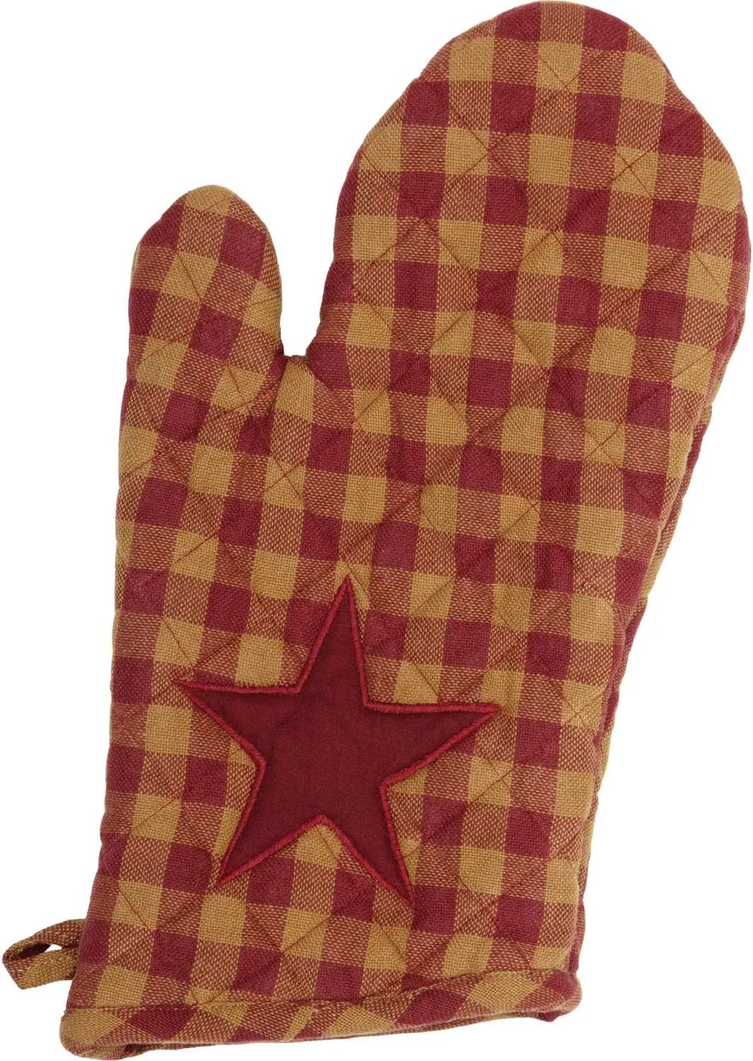 VHC Brands Star Cotton Primitive Tabletop Kitchen Fabric Loop Appliqued Oven Mitt, Burgundy Red